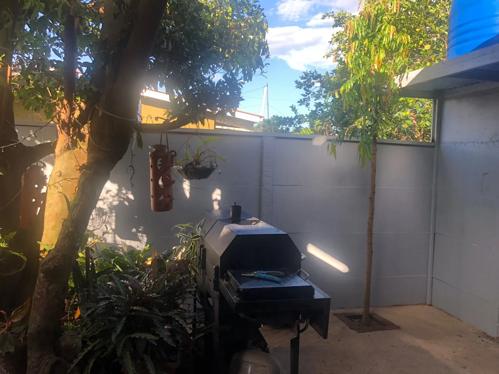 Muro perimetral prefabricado pintado integrado en patio trasero con parrilla y vegetación