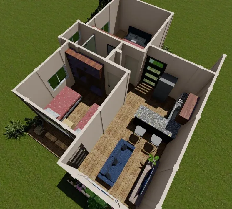 Vista aérea de plano 3D interior de casa prefabricada de dos habitaciones con cocina abierta