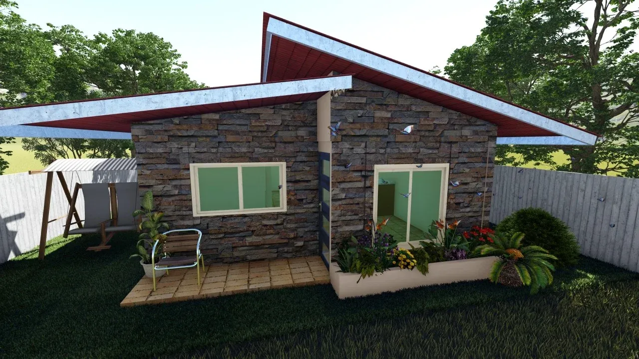 Render lateral de casa prefabricada con fachada en piedra y jardín delantero con valla blanca