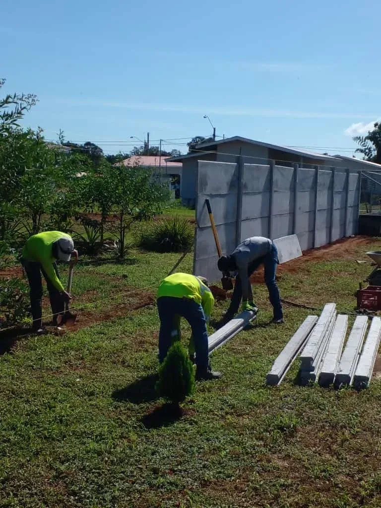 Cuadrilla con chalecos reflectivos instalando muro perimetral en lote con vegetación tropical