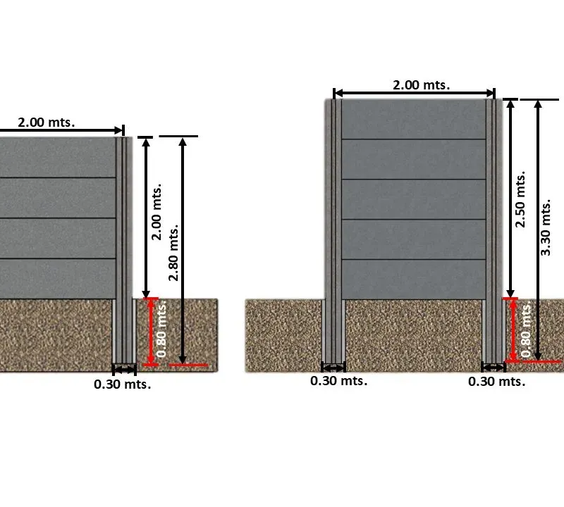 Diagrama técnico de muros prefabricados Prefalego con paneles de 2 m, alturas de 2.80 y 3.30 m y base enterrada de 0.80 m