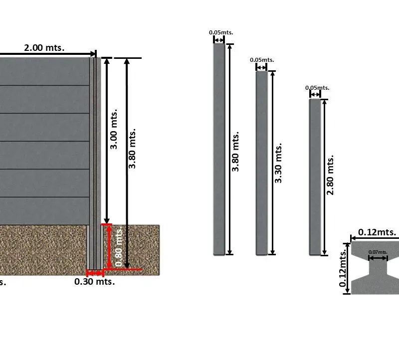 Diagrama técnico de muro prefabricado de 3.80 m con sección cruciforme de columnas y alturas estándar de 2.80, 3.30 y 3.80 m